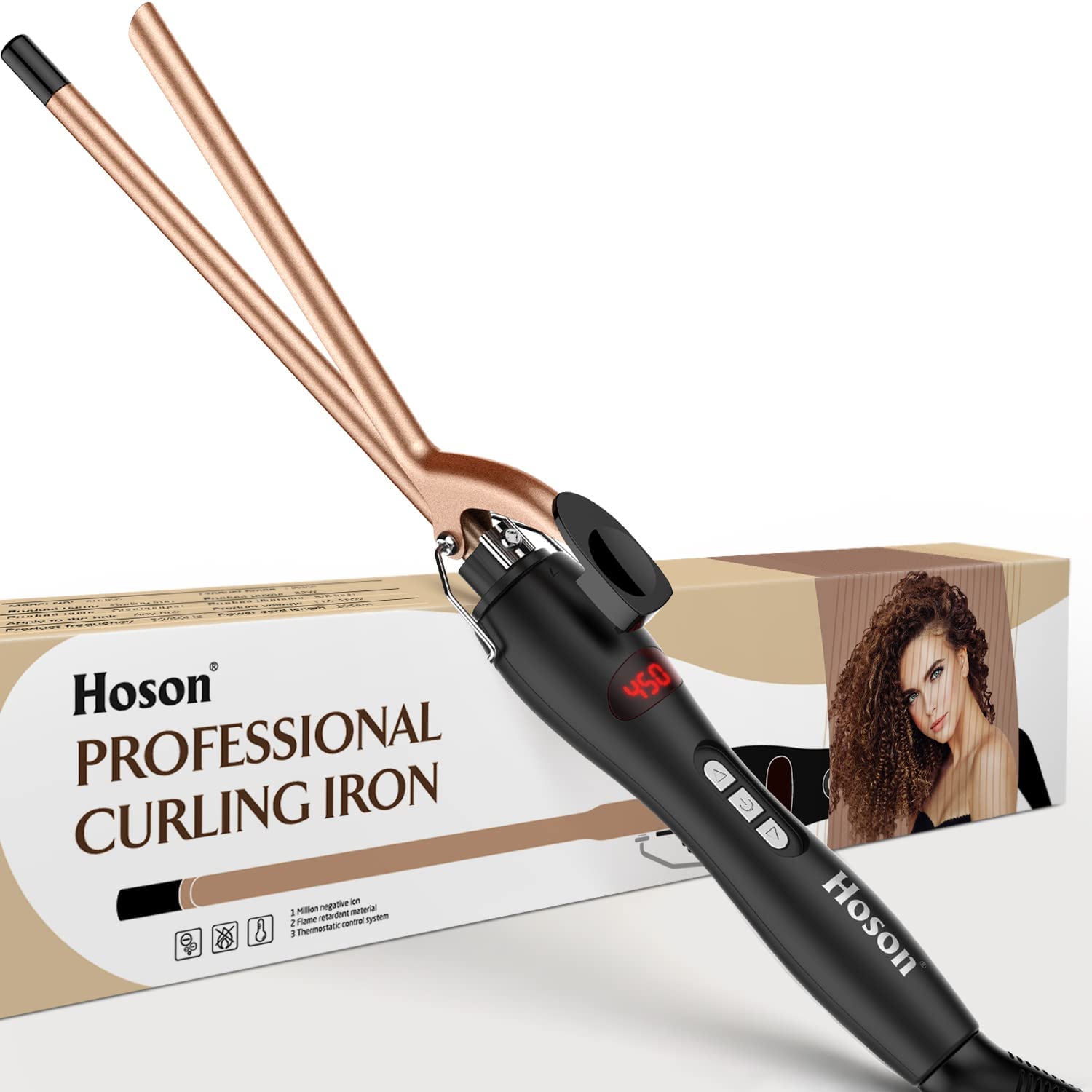 9mm Thin Curling Tongs Ceramic Hair Curler, Small Barrel Curling Wand for Long & Short Hair, LCD Display with 9 Heat Setting Include Glove(Golden)