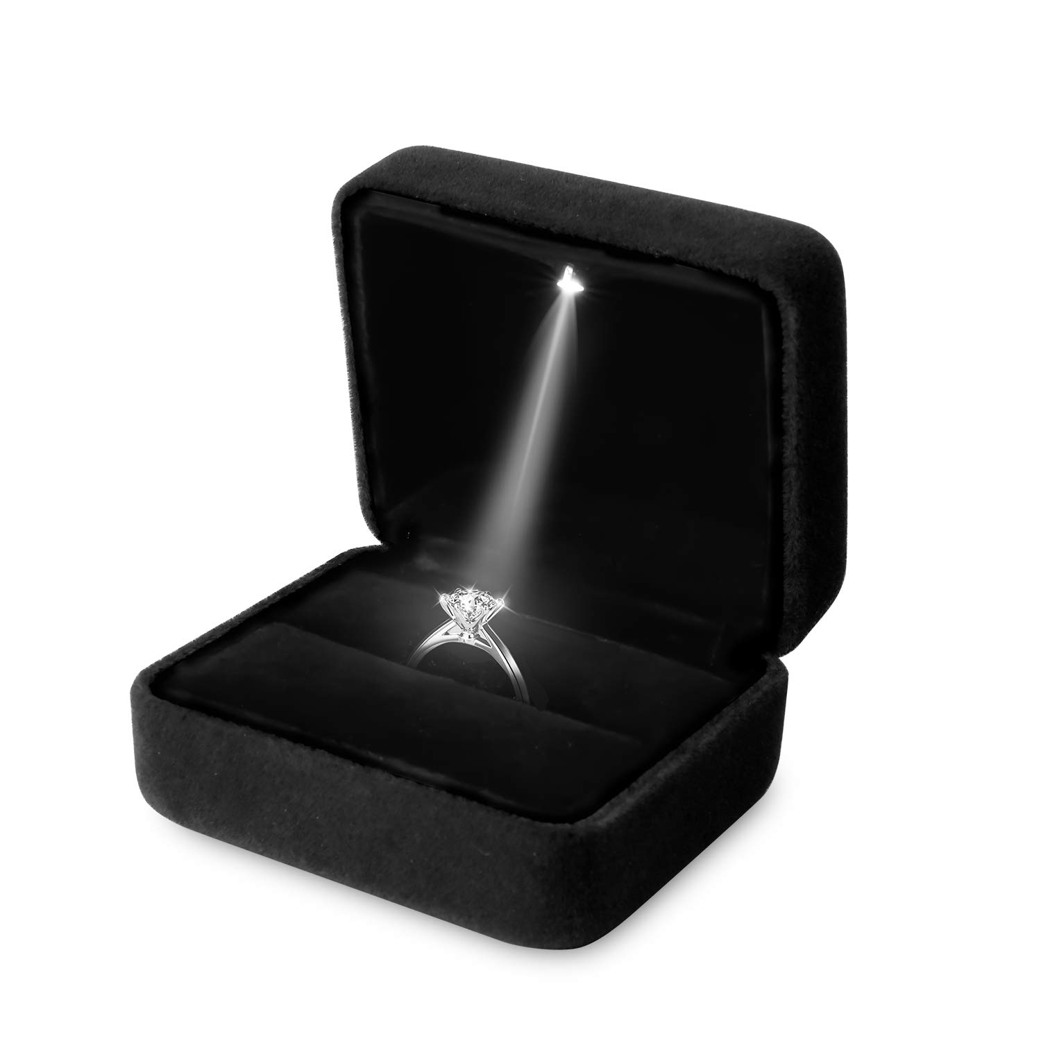 Velvet Ring Box LED Light Jewelry Gift Box Engagement and Wedding Ring Box for Presentation (Black)