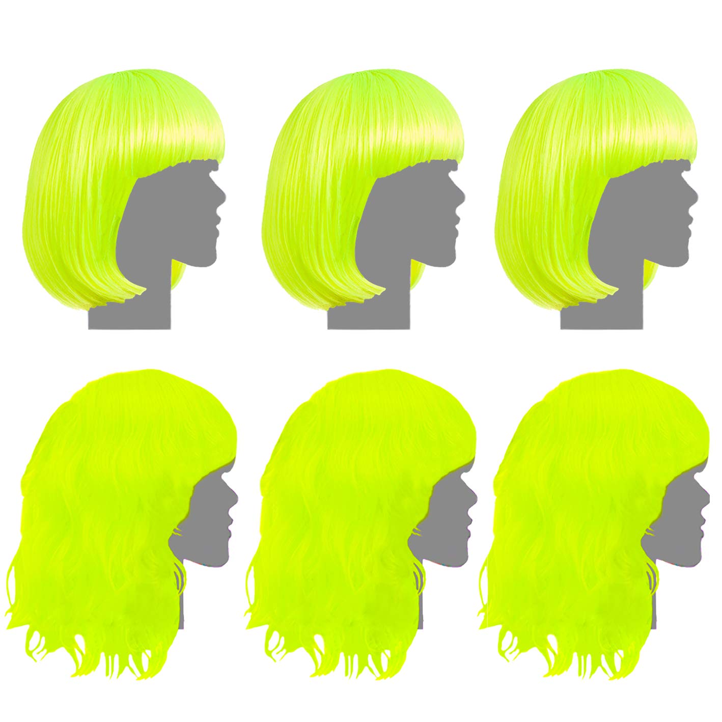 6 Pack Neon Green Mardi Gras Party Wigs - Bachelorette Party Favors, Supplies, Costumes and Decorations