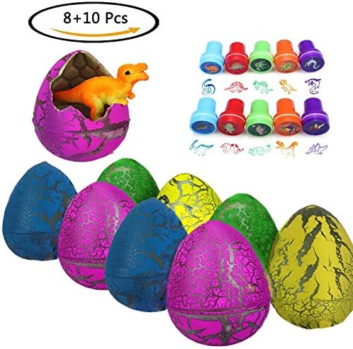 YanXi7 Novelty Dinosaur Toys,8 Pcs Dinosaur Eggs with Bonus 10 Pcs Dinosaur Stamps,Hatching Growing Easter Eggs for Kids 3 year olds Above Party Supplies Party Favors
