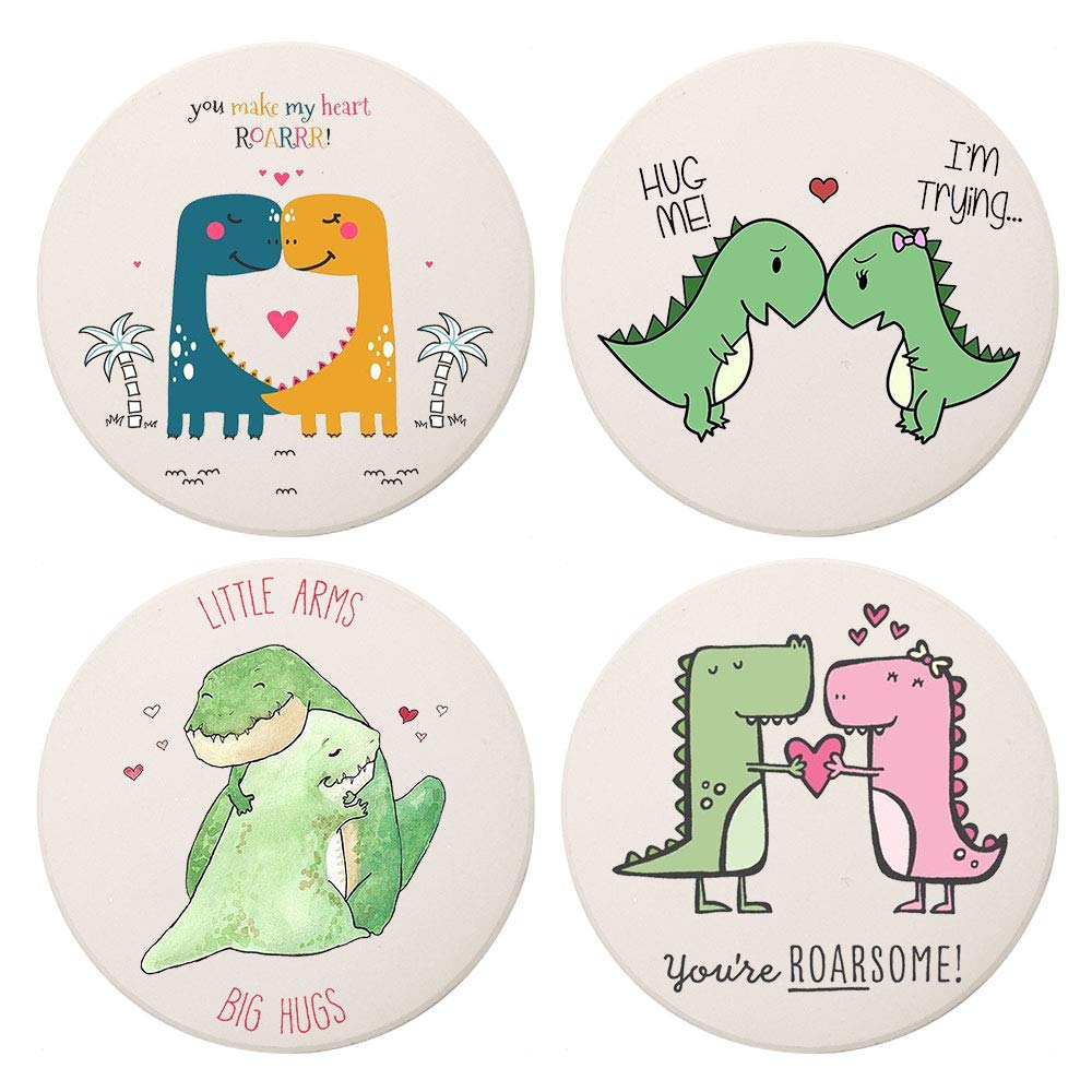 MAYCARI Cute Dinosaur Coasters Set of 4 with Cork Base Protection, Personalised Round Drink Absorbent Stone Coasters Mug Set Dinosaur Gift for Kinds of Mugs and Cups — image 1