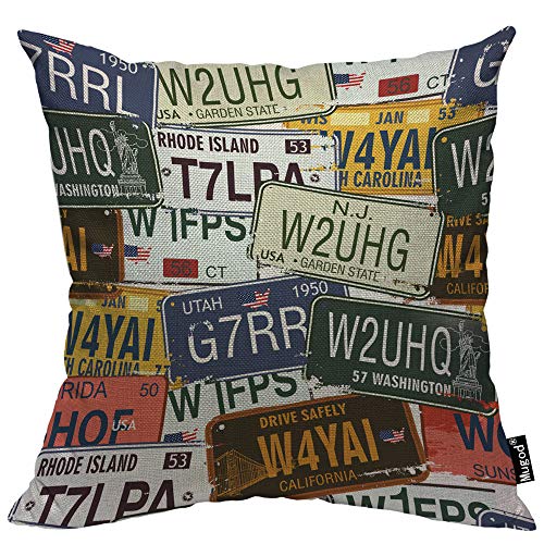 Mugod USA License Plate Pillowcase Retro Car Utah Washington Rhode Island Carolina Print 18"x 18" Soft Square Cotton Linen Pillow Case Cushion Cover Home Decorative for Men Women Boys Girls
