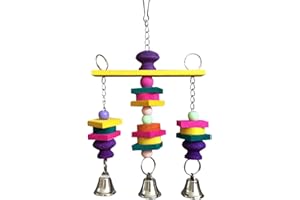 Hypeety Parrot Hanging Swing Bells Chew Toy Colorful Hanging Wood Block Natural Birds Toy for Parrot Macaw African Greys Cockatiels Budgies Conure Cage