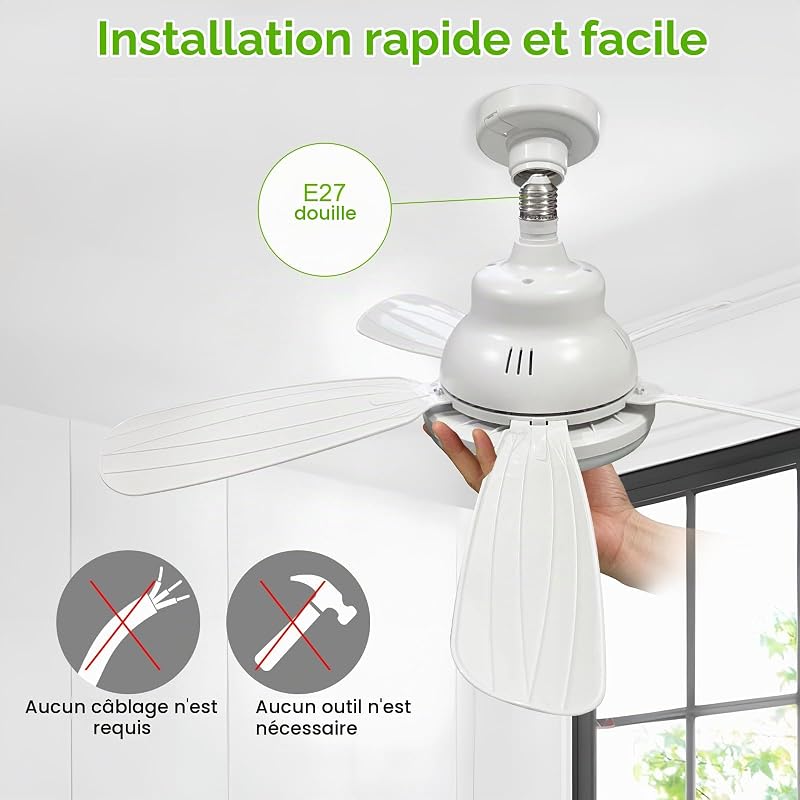 Ventilateur de Plafond avec Lumière et Télécommande, 62CM 45W Petit Ventilateur LED Dimmable, 3 Couleurs 3000-6500K, 3 Vitesses, Minuterie, Douille E27 pour Chambre, Cuisine, Salle de Bain