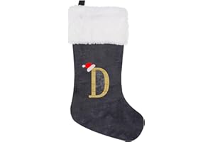 CRSTAFU Christmas Stocking Personalized Monogram, 20 Inches Family Initial Xmas Stockings, Super Soft White Plush Cuff with Deluxe Grey Velvet Body and Gold Letter(D)