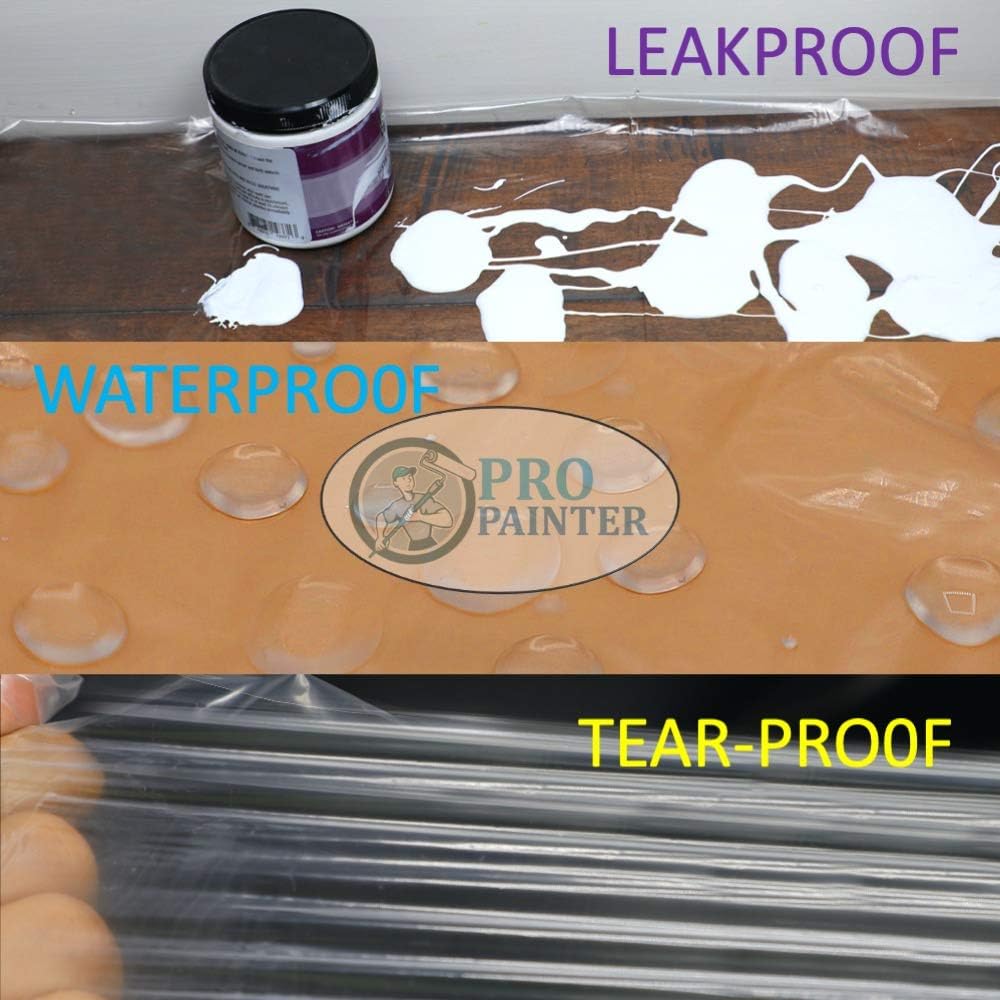 Drop Cloth (3 Pack), Pro Painter 9 Feet x 12 Feet Clear Plastic Drop Cloth 1mm Thickness, Waterproof, Lightweight Plastic Tarp, Painting Tarp, Plastic Cover Sheet for Furniture Floors Patio Workshop - - 