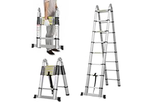 VANDISE 16.5ft Extension Ladder Aluminum DIY Telescoping Type A Ladder for Home Trade Indoor Outdoor, Non-Slip Rubber Feet 16 Steps Height Adjustable 330lbs Max Load Extendable Ladder