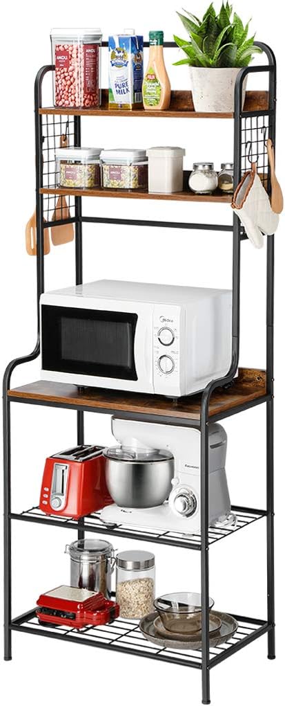 LANGRIA 5-Tier Baker’s Rack Industrial Microwave Oven Stand with Mesh Panels, 5 Shelves, 4 S-Hooks, for Spice Rack Organizer Workstation, Kitchen Utility Cart Storage Shelf Organizer, Rustic Brown - Standing Baker's Racks