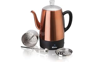 Euro Cuisine PER08 Stainless Steel Electric Coffee Percolator, 8 Cup, Polished Copper Finish, Dripless Gooseneck Spout, Clear Glass Knob, Brewing Indication, Keep-Warm Function, Detachable Cord