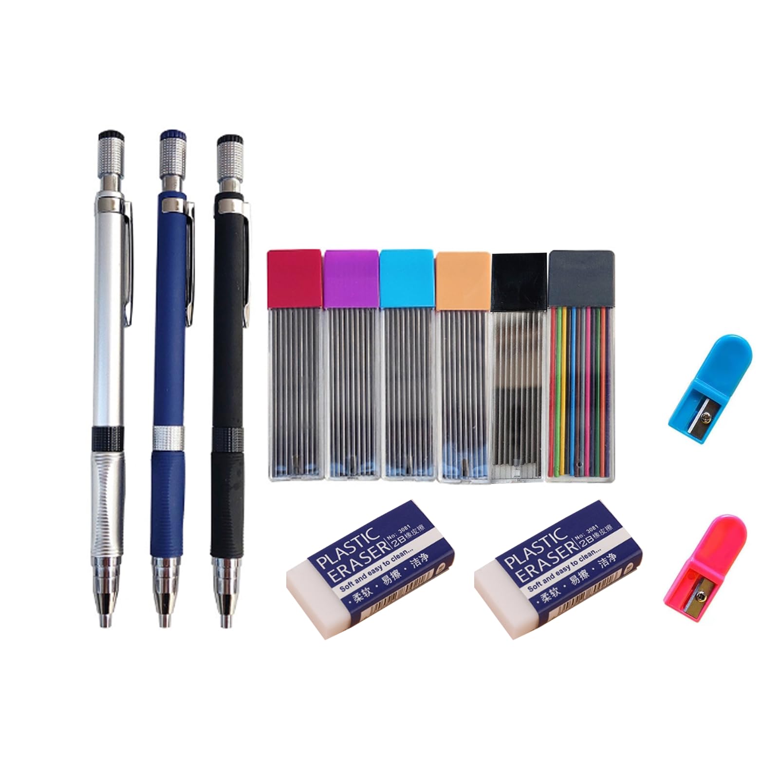 LIANRISES 3pcs 2mm Mechanical Pencil 2B Pencil Mechanical Pencil Set Propelling Pencil Retractable Pencils with 6 Boxes 2B Refill and 2pcs Eraser and 2pcs Sharpener for School Writing Sketching