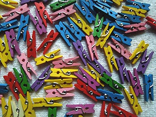 SHATCHI 100 Wooden Mini Clothes Pegs Arts & Crafts Mini Clips Natural Scrapbooking Photo Small Crafts Weddings Parties Baby Showers Photos 25mm Assorted Coloured