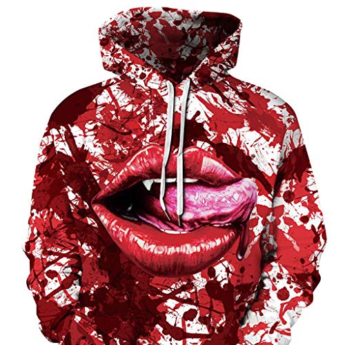 Jessie storee Helloween Hooded Sweatshirt Blood Drops Evil Eyes Red Lips Print Pullover Hoodie Women Men Couples Unisex Horror Clothing Large Size Sweater Loose Baseball Uniform Tide,G, XL