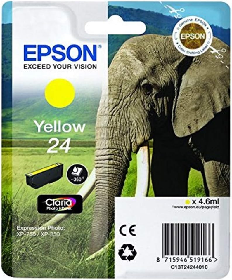Epson 24 Yellow Elephant Genuine, Claria Photo HD Ink Cartridge, Yelow, Standard