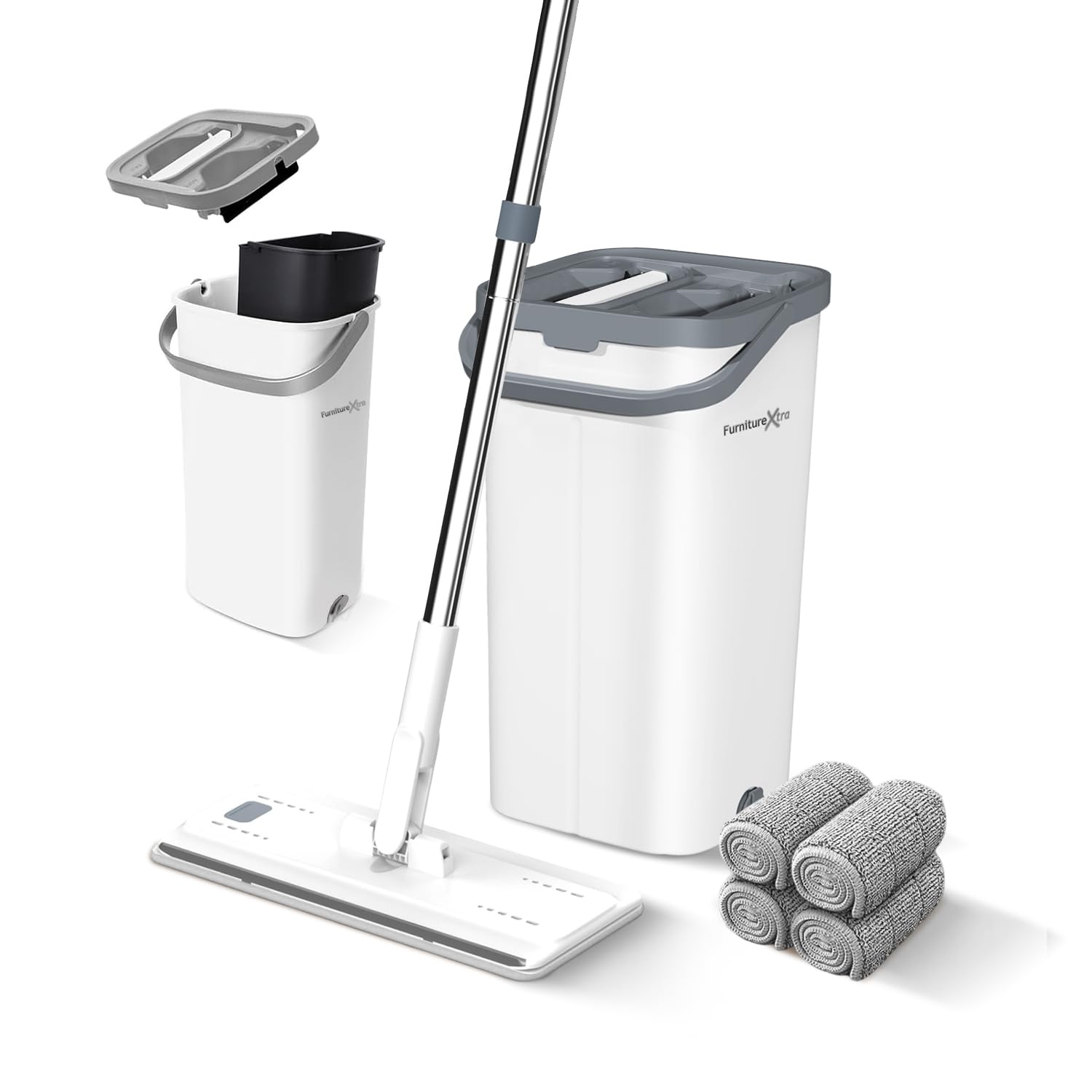 FurnitureXtra Mop and Bucket Set. Microfibre Flat Mop for Wet & Dry with Stainless Steel Handle, Twin Chamber Bucket Suitable for All Floor