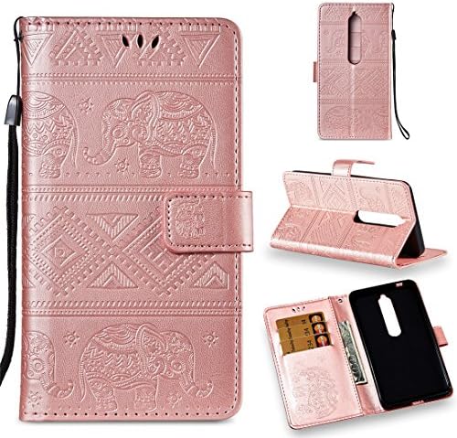 Nokia 6.1 Case, Nokia 6 2018 Case, Love Sound [Wrist Strap] [Stand Function] Premium Emboss Elephant PU Leather Wallet Flip Protective Case Cover with Card Slots for Nokia 6 2018 - Rose Gold