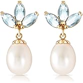 14k Solid Gold Freshwater Pearl Earrings with Aquamarines