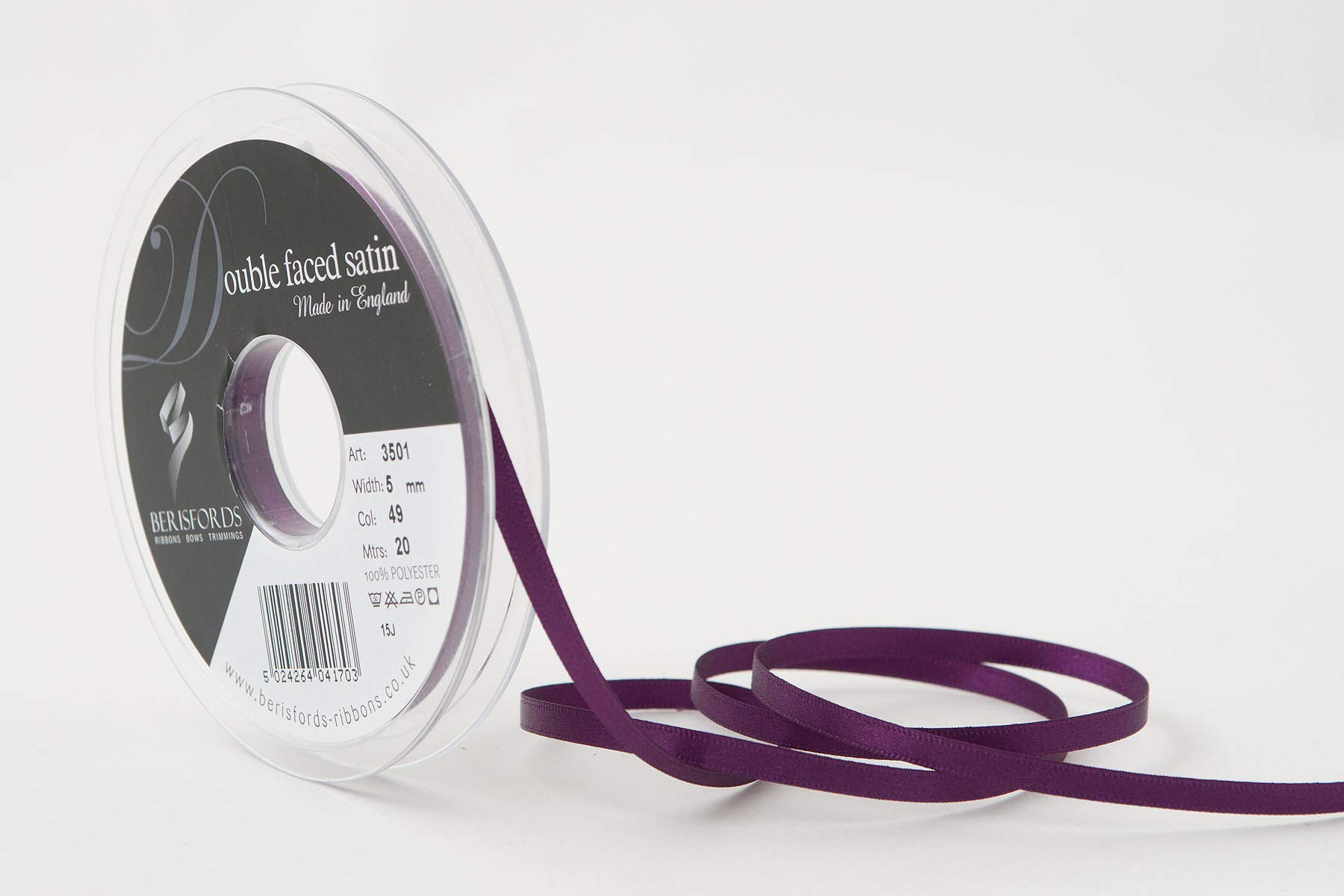 Berisfords Double FACE Poly Satin Ribbon, Plum, 5 mm