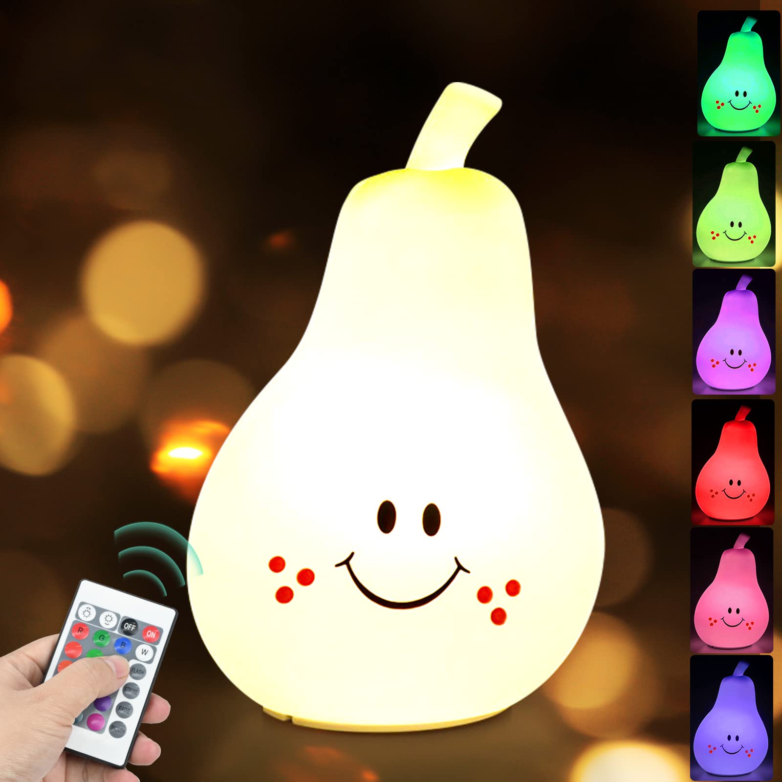 twirush Cute Smile Pear Night Light, 7 Colors Baby Night Light, USB Rechargeable Nightlights for Children, Kids Night Lights for Bedroom, Bedside Lamp with Remote Control Protable Baby Lamp