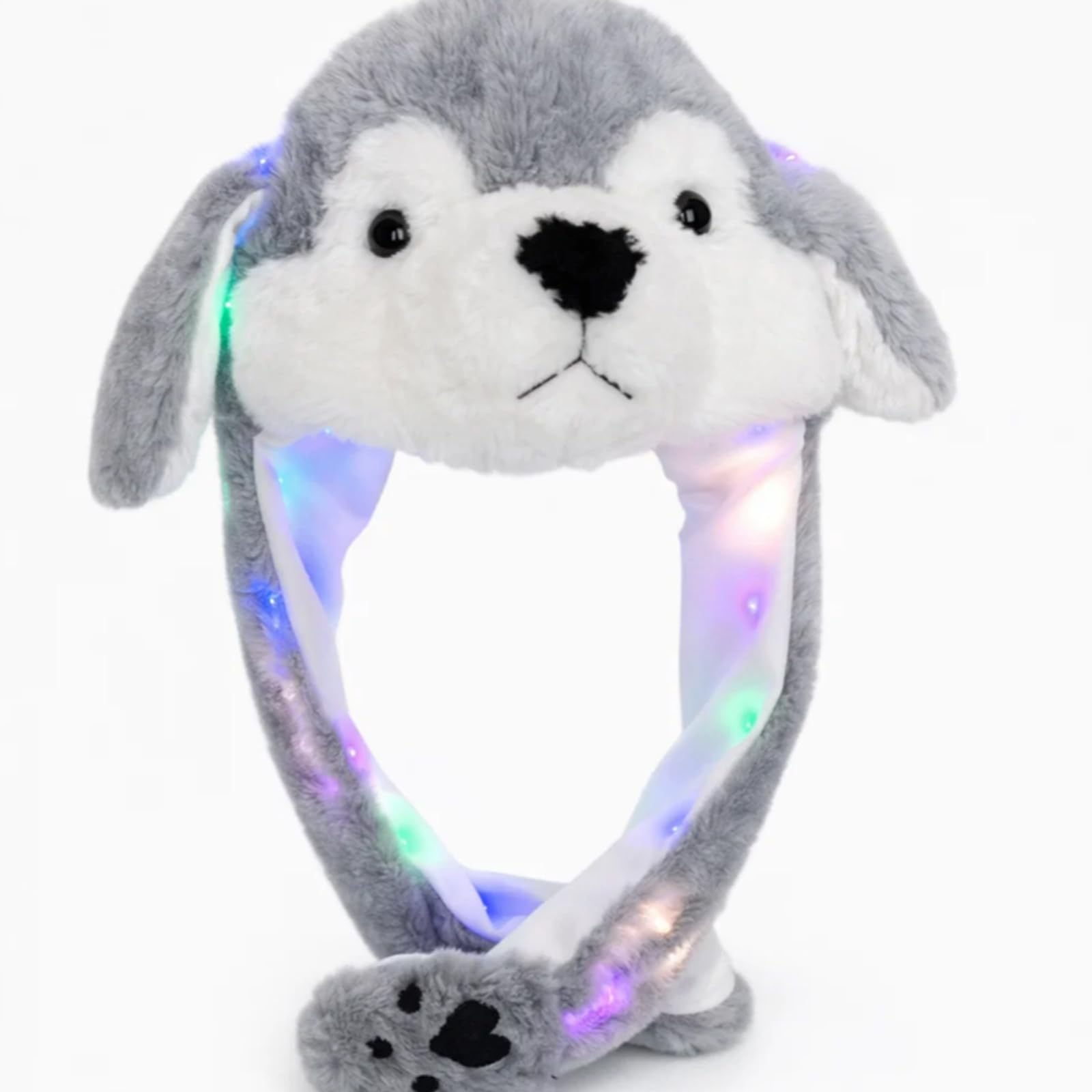 Grion Snowy Grey Puppy Drooping Ears Hat - Cute Husky Animal Lights Cosplay Cap Headwear - for Girls Women Parties Festival Halloween Costumes Playful Fun Photoshoots