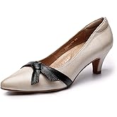 Mona flying Womens Leather Elegant Pointed Toe Bowknot Pumps Ladies Kitten Heels Dressy Casual Office Work Shoes