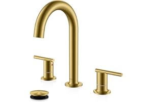 KENES Brushed Gold Two Handle 8 Inch Widespread Bathroom Sink Faucet, Gold High Arc Lavatory Vanity Sink Faucet 3 Hole with Pop Up Drain & Supply Lines LJ-9018-4