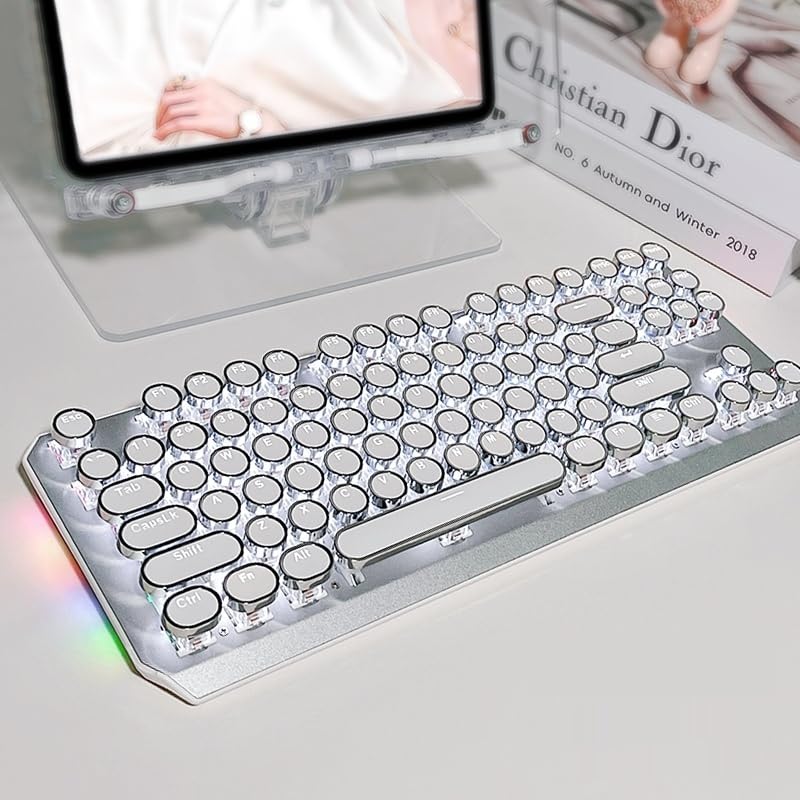 SEUNKWANG EWEADN TK940 Wireless White Typewriter Mechanical Keyboard,87 Keys Aesthetic Mechanical Keyboard, Tri-Mode Blue Switches White Backlit Keyboards, Retro Punk Keyboards for Windows/Mac/PC