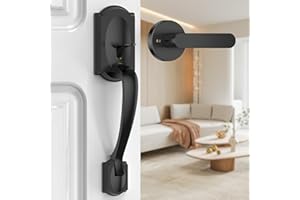 Calzibeno Front Door Handle No Lock, Entry Door Handle Exterior with Interior Reversible Handle Lever, Lower Half Grip, Single Cylinder, Door Handle Sets for Right or Left Handed Door, Matte Black