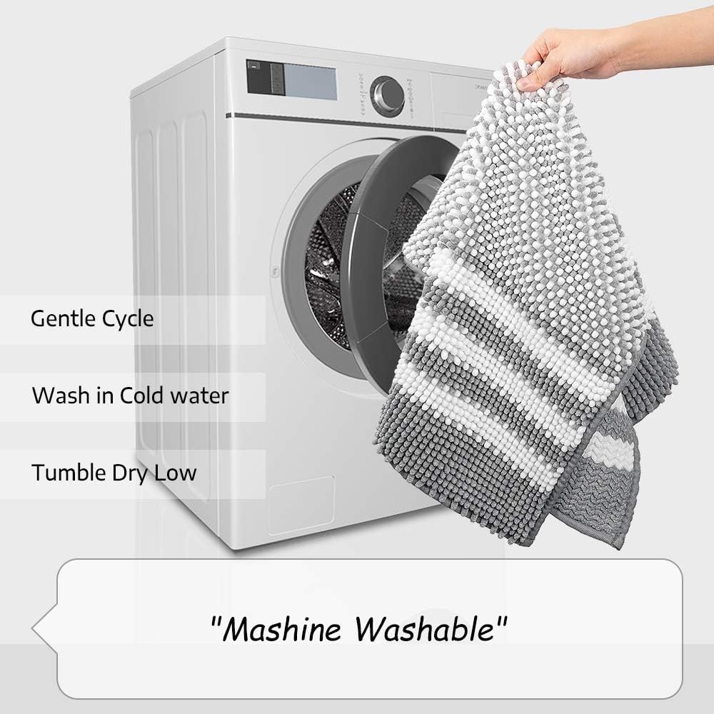 Bsicpro Chenille Bath Rug for Bathroom Shaggy Mat Shower Mats 32 x 21inch Super Non Slip Water Absorbent Carpet Stripe Pattern Plush Rugs for Tub, Shower, Bath Room (Grey): Kitchen & Dining