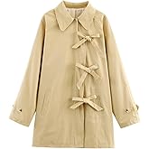 HOULENGS Women's Long Sleeve Bow Toggle Trench Coat Casual Button Down Trench Jacket Fall Fashion Lapel Overcoat with Pocket