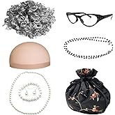 Yxtwaeh 8 Pieces Old Lady Wig Costume Set Grandma Curly Wig Glasses Eyeglass Chain Wig Cap Drawstring Handbag Faux Pearl Earrings Bracelet Necklace for Halloween 100 Days of School Party Cosplay