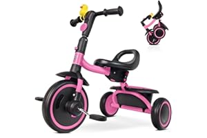 RIDYEE Toddler Tricycle for 18 Months to 5 Years, Foldable Tricycles for 3-5 Year Olds, Kids Tricycle with Adjustable Carry-Friendly Ergonomic Seat and Covered Large Basket, Pink