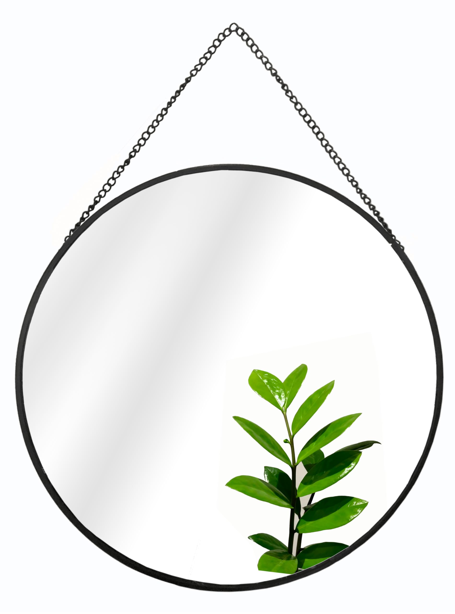 GreyZouq Black Metal Rimmed Round Mirror 30 centimeter with Hanging Chain Ideal for Bathroom, Bedroom, Hallway and Living Room. Contemporary `vintage style.