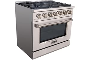 Akicon 36 Inch Freestanding Gas Range - Gas Oven Stove with 6 Sealed Burners, Heavy Duty Cast Iron Grates - 5.2 cu. ft. Capacity Rapid Convection Oven with Blue Porcelain Interior (Stainless Steel)