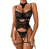 Kaei&Shi Garter Lingerie Set for Women, Sexy Floral Lace, Strappy High Waisted Hide Belly, 4 Piece with Exotic Choker Belt