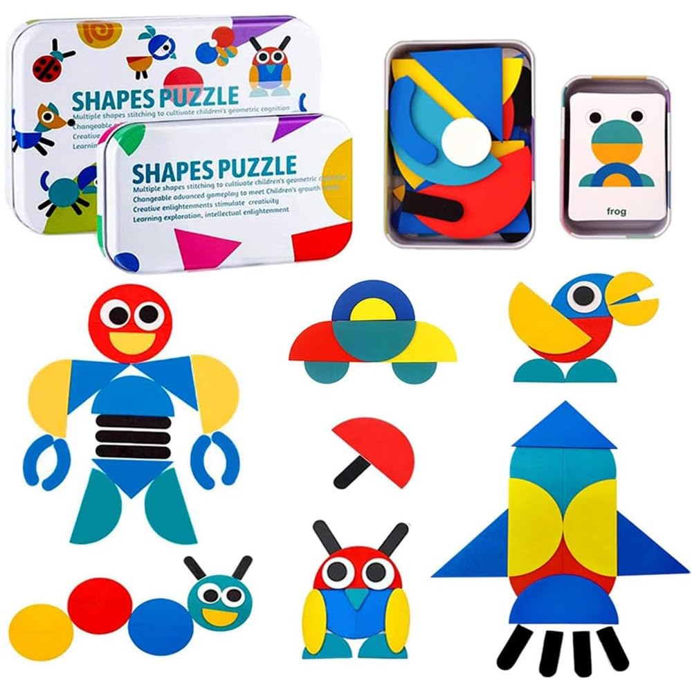 Wooden Pattern Blocks Tangram Shape Puzzle Set Color Sorting Stacking Game for Toddlers, Wood Animal Jigsaw Development Toys Preschool Education Activity Travel Toy Board Games for Kids 3-7 Yrs