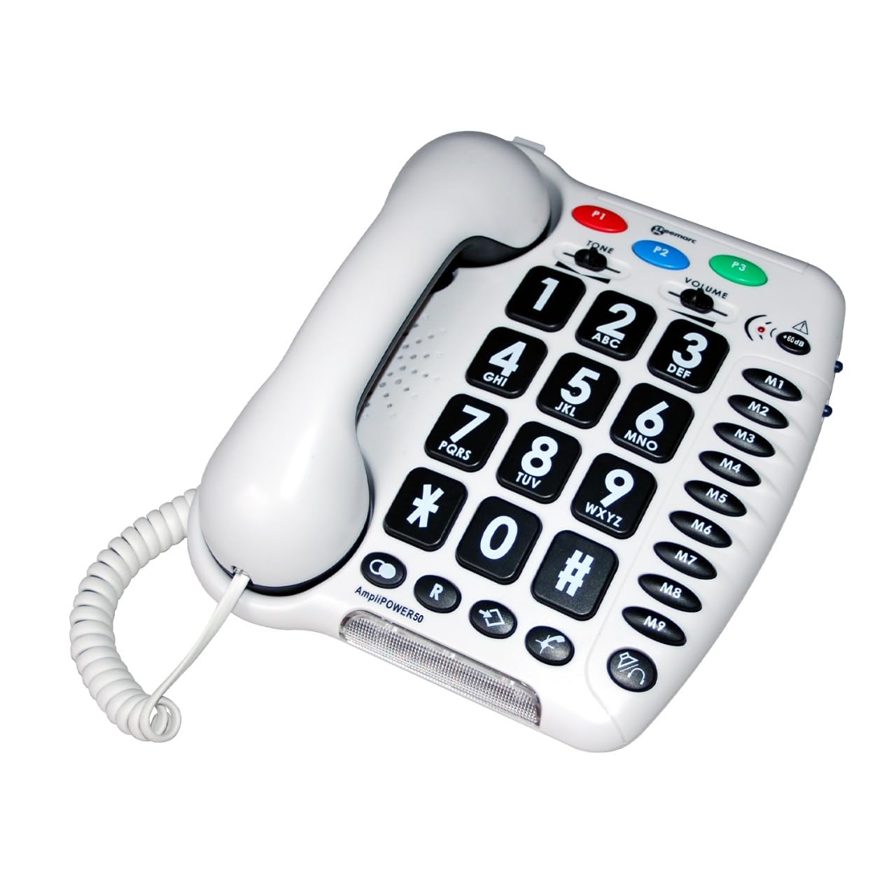 Geemarc Amplipower 50 - Amplified Corded Landline Phone with Tone, Volume Control, Large Buttons and One-Touch Memories - Hearing Aid Compatible - Specialised for Hearing Impaired - UK Version White