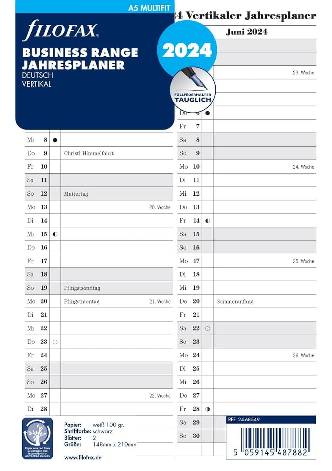 FILOFAX Calendar Insert A5 Multi Year Planner Vertical (German) 2024