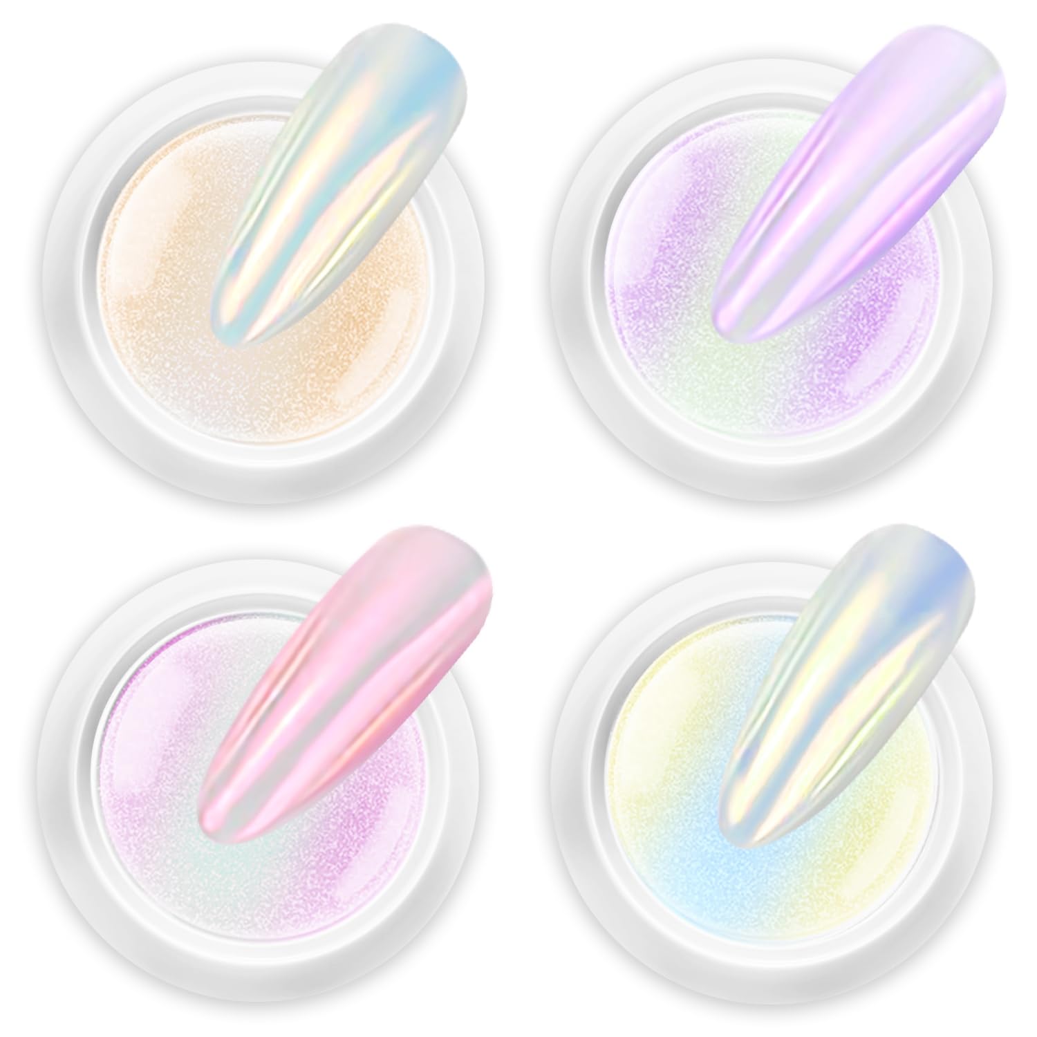 BISHENGYF White Chrome Nail Powder: High Aurora Pearl Chrome Nail Powder, Glazed Donut Nail Powder Holographic Mermaid Mirror Nail Chrome Powders for Gel DIY Nails Art Design Nail Glitter - 4pcs
