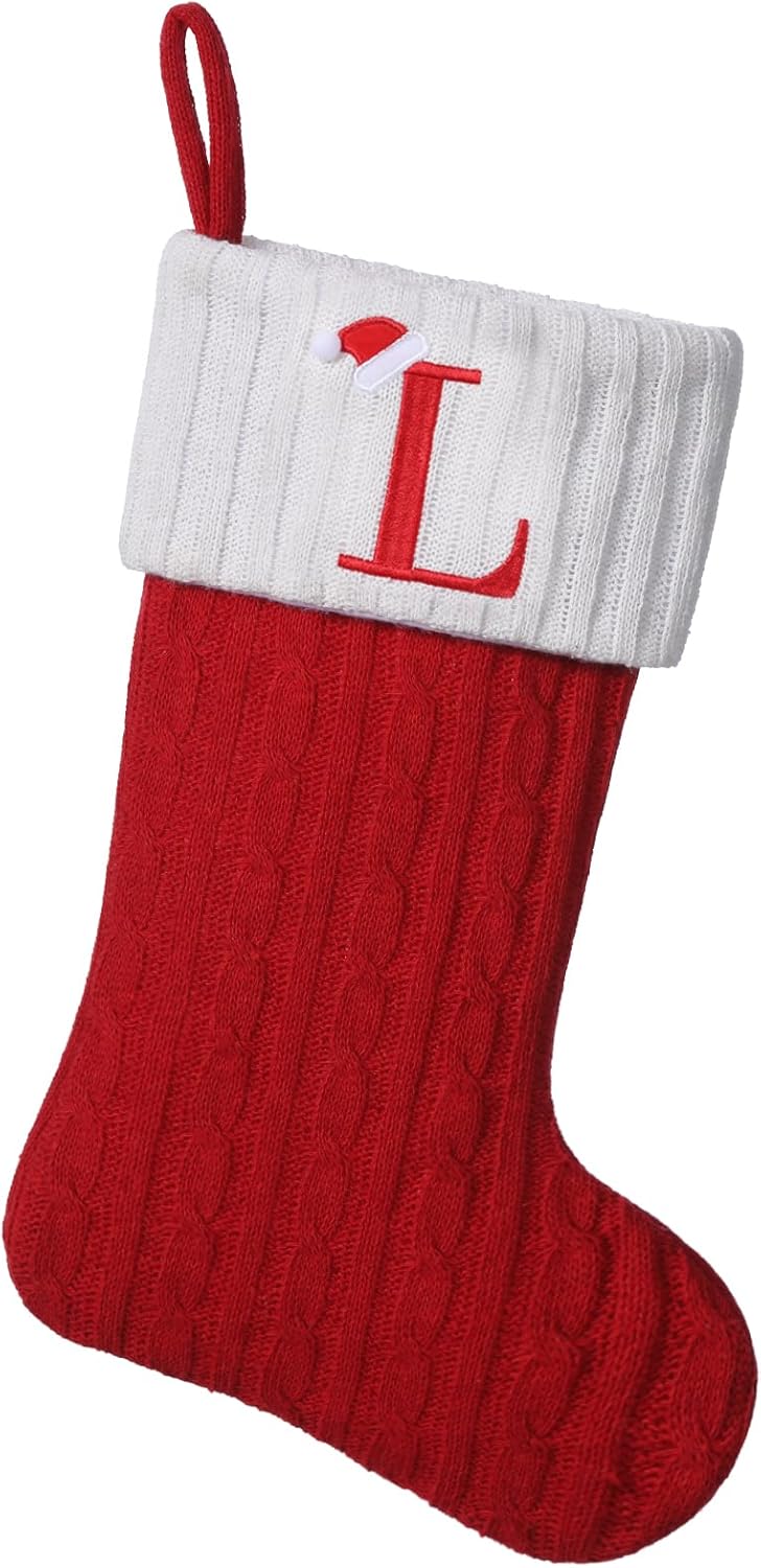 Stockings & Holders - Yehnois 19.5-inch Red Knit Monogram Christmas Stockings,Personalized Initial Christmas Stocking, Family Holiday Xmas Party Decor (Letter L)