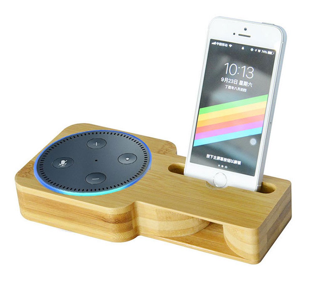 IOQSOF Speaker Stand for Echo and iPhone ,Bamboo Wood Charging Stand for Amazon Echo, Echo Plus and iPhone X/iPhone 8 and Samsung Galaxy & Most Smartphones