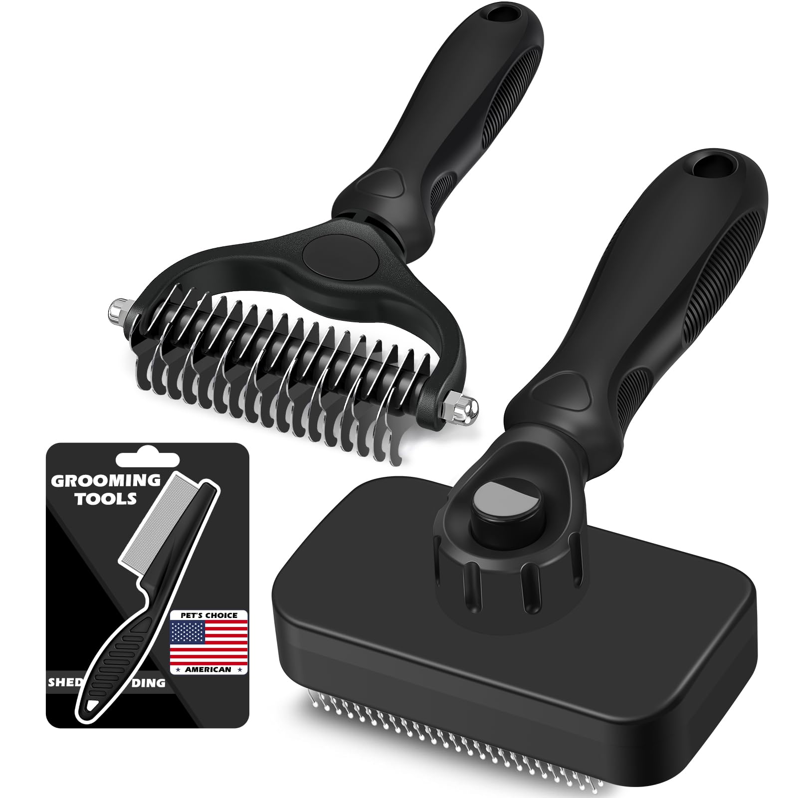 Photo 1 of 3PCS Self Cleaning Slicker Brush & Pet Grooming Rake & Flea Comb for Dogs,Cats and Horses | Double-Sided Dematting Comb & Skin Friendly Deshedding Grooming Tool | Premium Pet Supplies (Black)