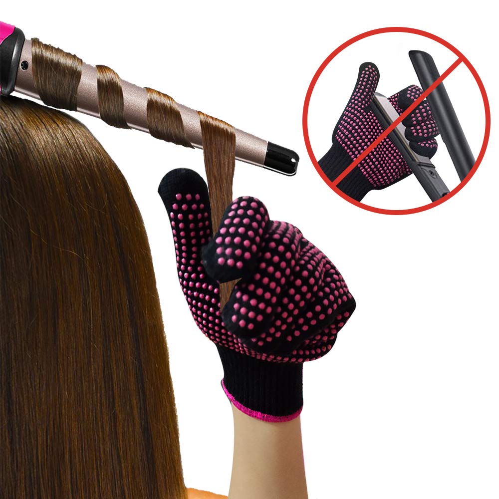 2 Pcs Professional Heat Resistant Glove for Hair Styling Heat Blocking Gloves for Curling, Flat Iron and Hair Styling Tools, Silicone Bump, Pink Edge: Beauty