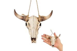 LZWCOWMOO Halloween Cow Skull Wall Decor,Dearded Dragon Tank Decor Flooring Accessories, Mini Cow Skull with Horns, Cow Head Skull with Rope, Fish Tanks, Cars, Etc.(Brown)