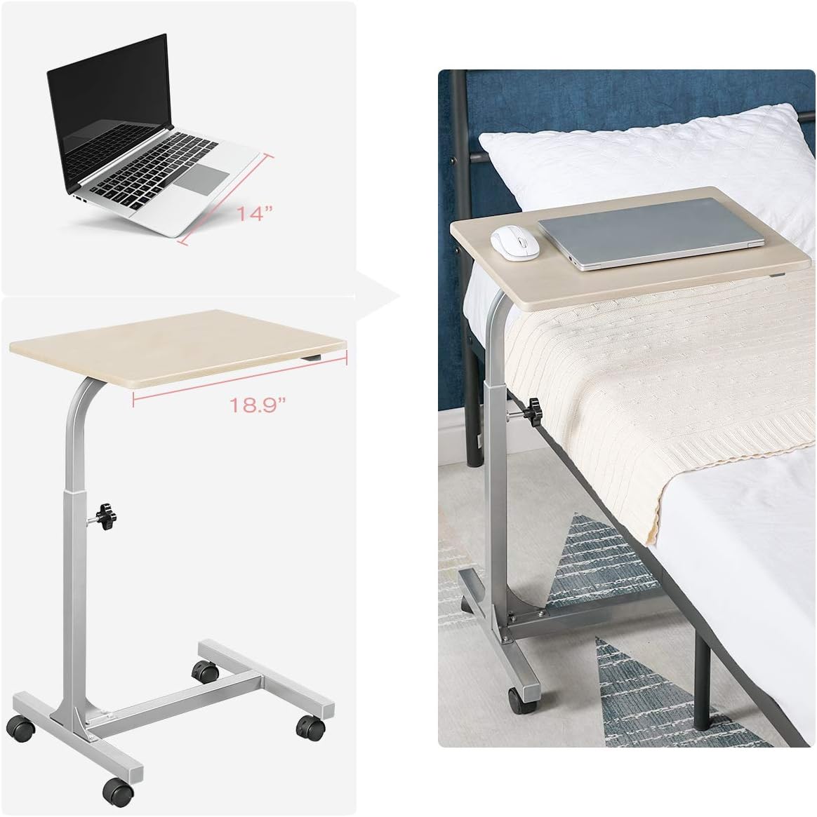Over Bed Table C Sofa Side Medical Table with Lockable Wheels, 3 Height Adjustable Food Table Tray, Multi-Purpose Portable Rolling Desk Wood (18.9x14.7x26.4-31.1 inch): Kitchen & Dining