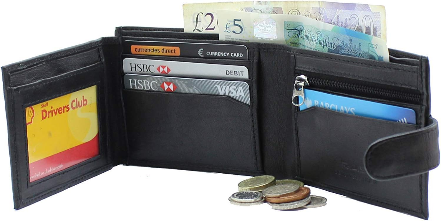 RAS Mens Black Wallets Slim RFID Blocking Genuine Leather Trifold Wallet Card Holder with Zipper Coin Pocket and ID Window Pocket - Image 4