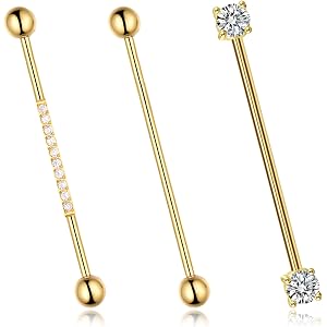 peeuueu 3 Pcs golden Industrial Piercing Jewelrys Set, golden Industrial Bar Jewelry for Women Men, Industrials Earrings Body