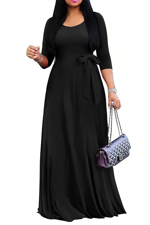 FANDEE Long Dress for Women Casual Maxi Empire Waist 3/4 Sleeve Church Dresses with Belt Black 3XL