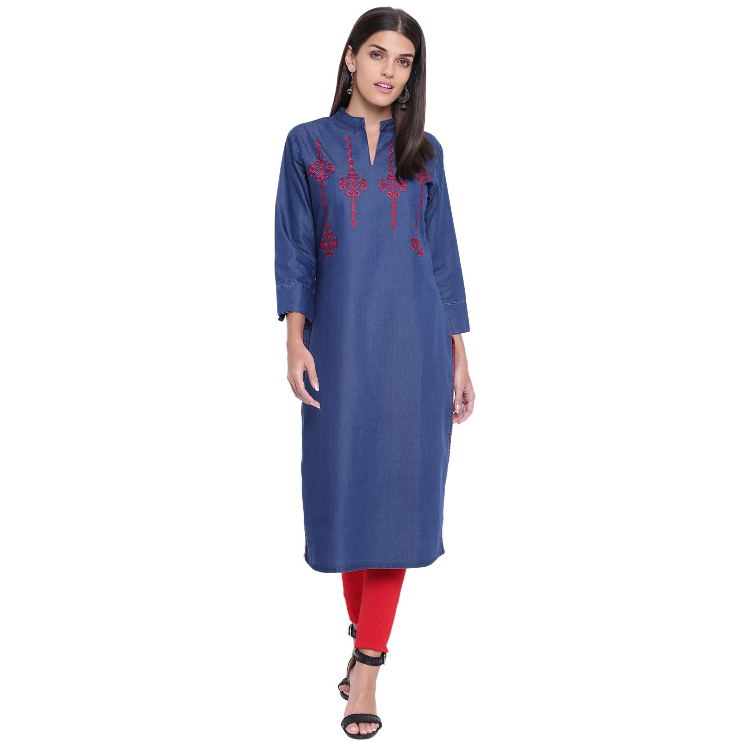 Buy LIVZA Blue Denim Straight FIT Embroidered Band Collar Kurta Indian Kurta for Women at