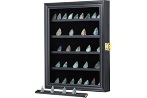 KCRasan Arrowhead Display Case Native American Arrowhead Shadow Box Wall Mount Arrowhead Collection Display Cabinet with Uv Protection for Agate Opal Crystal Stone Arrowheads Spear Points Black Small