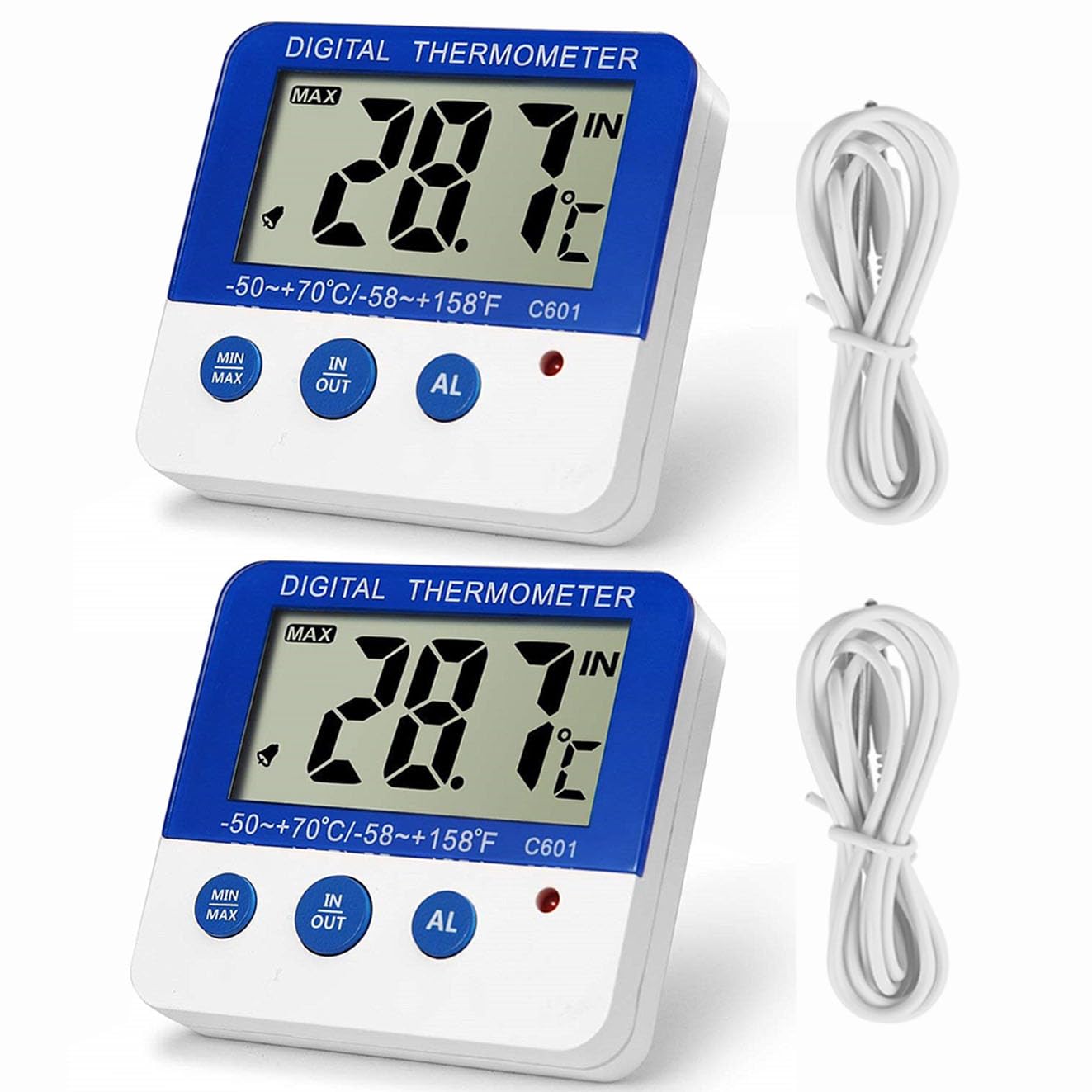 Fridge Freezer Thermometer Max/Min Memory High & Low Temperature Alarms Settings with LED Indicator Digital Refrigeration Thermometer with Magnetic,Stander (2packs)